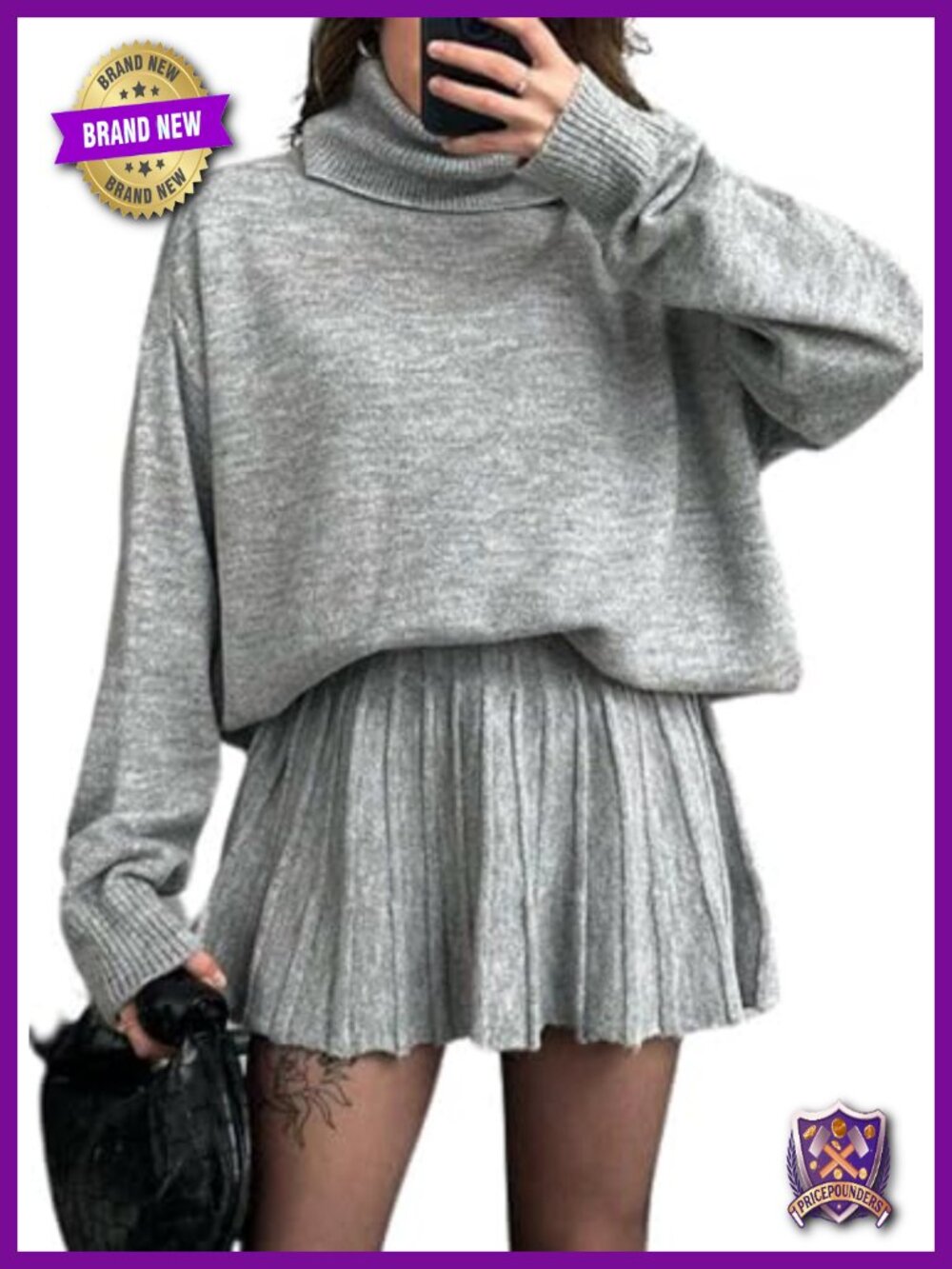 Women's 2 Piece Turtleneck Sweater and Pleated Mini Skirt Set Knitted Outfit